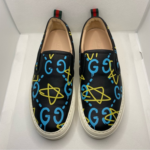 GUCCI Authentic Designer, Ghost Graffiti GG Logo Slip On Sneakers, Black (36) - Picture 4 of 12